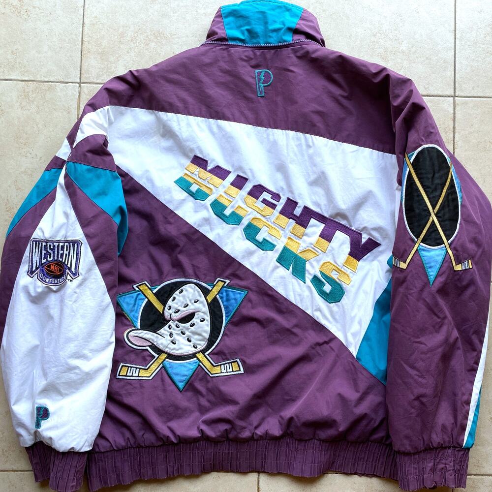 RARE Anaheim Mighty Ducks 90s PRO PLAYER puffer jacket L purple white NHL vtg